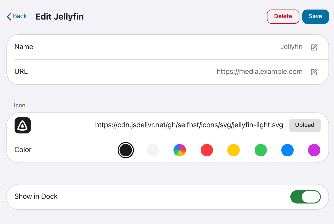 The app edit form, showing Name, URL, Icon and Color