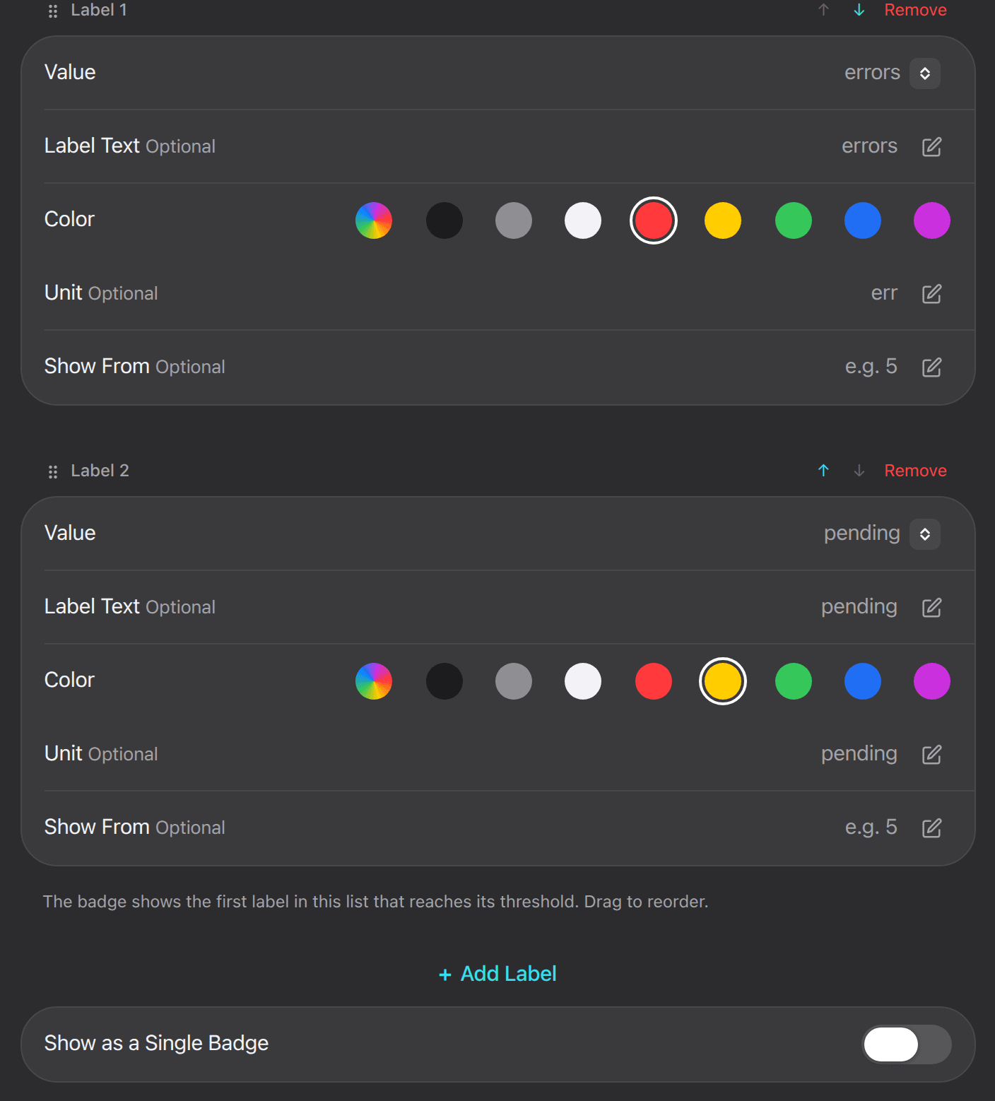 Two label cards in an app's edit form, each with Value, Label Text, Color, Unit and Show From, above the Add Label button