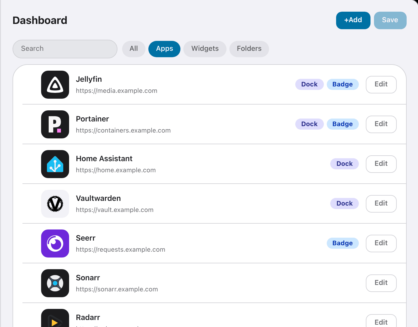 The list filtered to apps, showing Dock and Badge tags