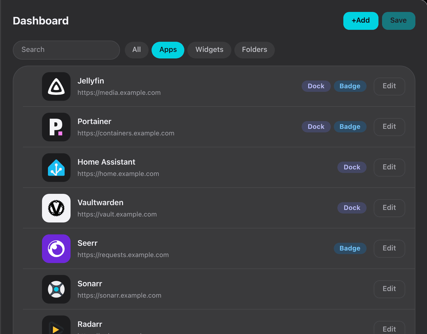 The list filtered to apps, showing Dock and Badge tags