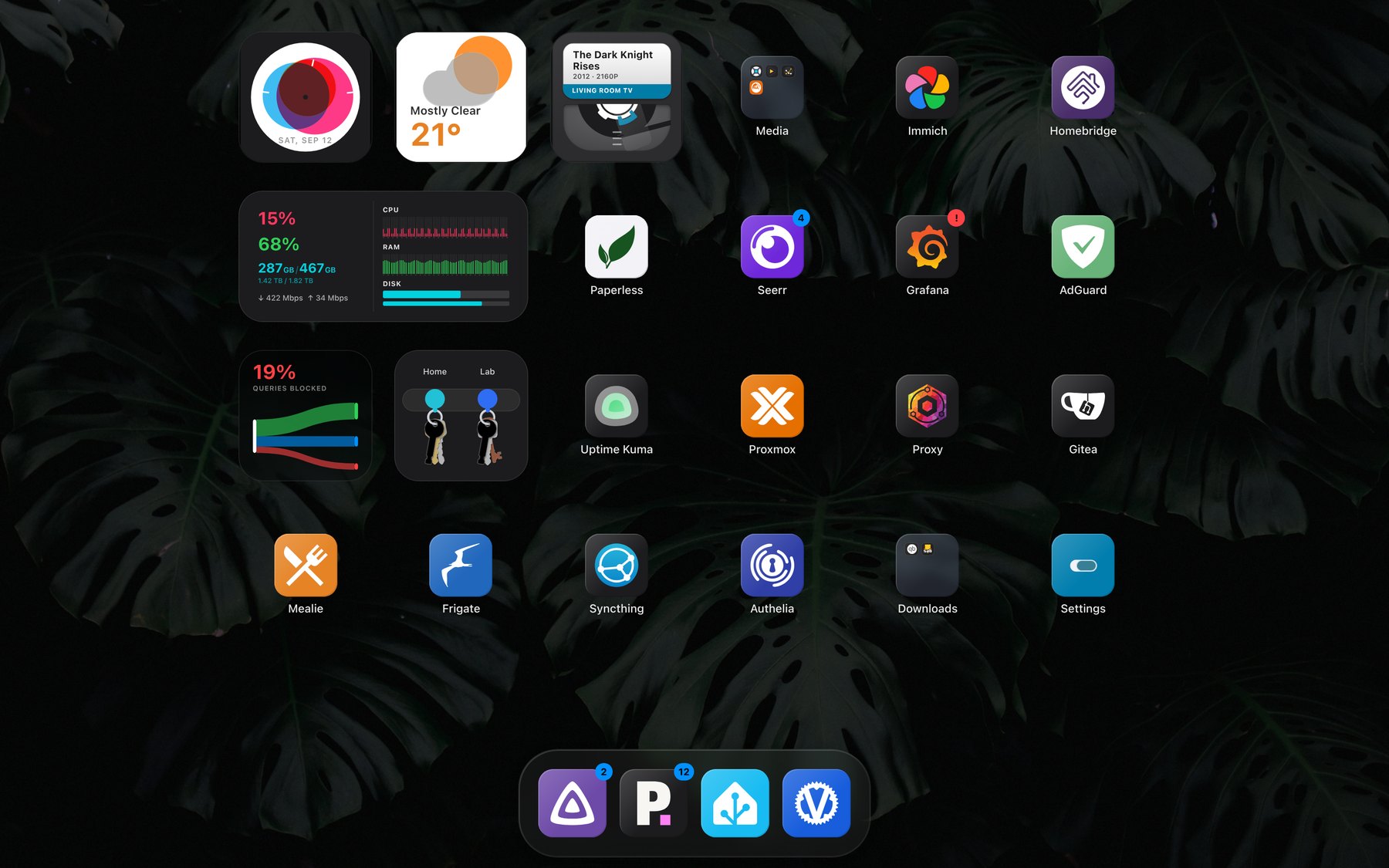 The Stackyard dashboard, showing widgets, app tiles, a folder and the dock.